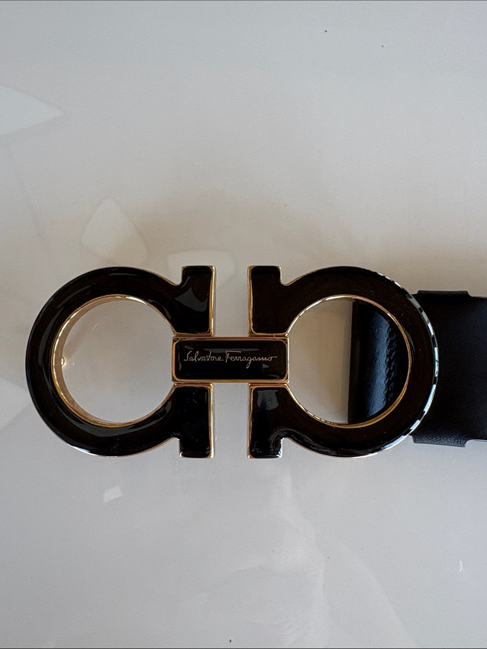 Salvatore Ferragamo Black Belt with Gold-Tone Gancini Buckle